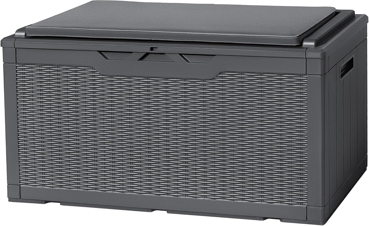 Flamaker Deck Box with Cushion 100 Gallon Waterproof Resin Storage Box with Air Rod Indoor Outdoor