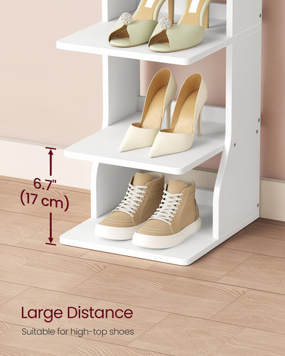 VASAGLE 9-Tier Vertical Shoe Rack, Narrow Shoe Storage Organizer with Hooks, Slim Corner Tower
