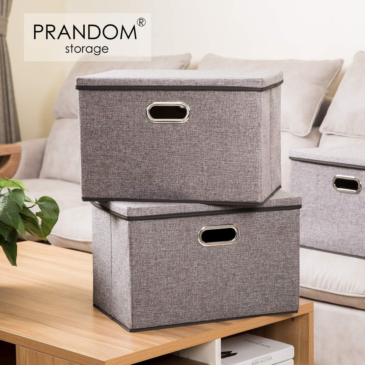 PRANDOM Large Collapsible Storage Bins with Lids [3-Pack] Linen Fabric Foldable Storage Boxes