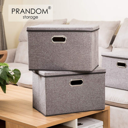 PRANDOM Large Collapsible Storage Containers with Lids [5-Pack] Linen Fabric Foldable Storage Bins
