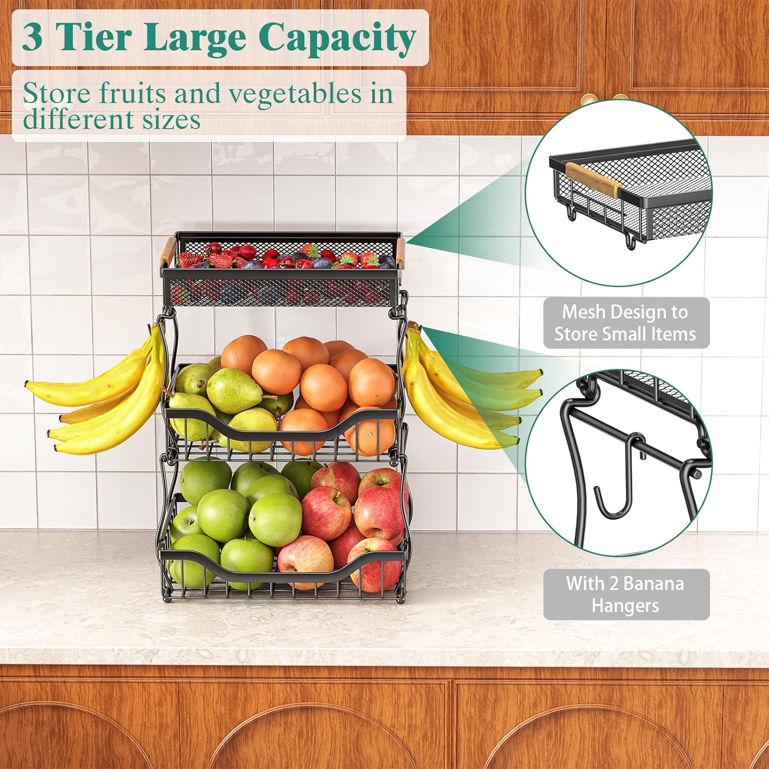 Giwil 3 Tier Countertop Fruit Mesh Basket for Kitchen, Vegetable Storage Bread Fruit Bowl Stand