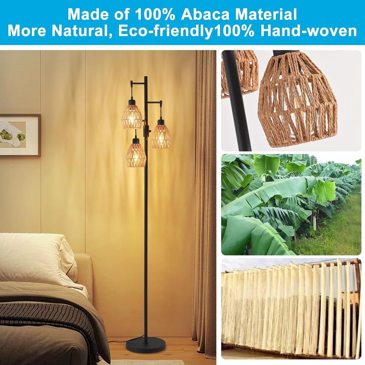 Boho Rattan Floor Lamp-Standing Lamps for Living Room 70'' Dimmable Floor Lamp with Cage Shade