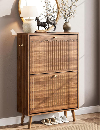 Nicetree Shoe Storage Cabinet for Entryway, 9.5inch Slim Shoe Rack with 2 Flip Drawers, Mid-Century