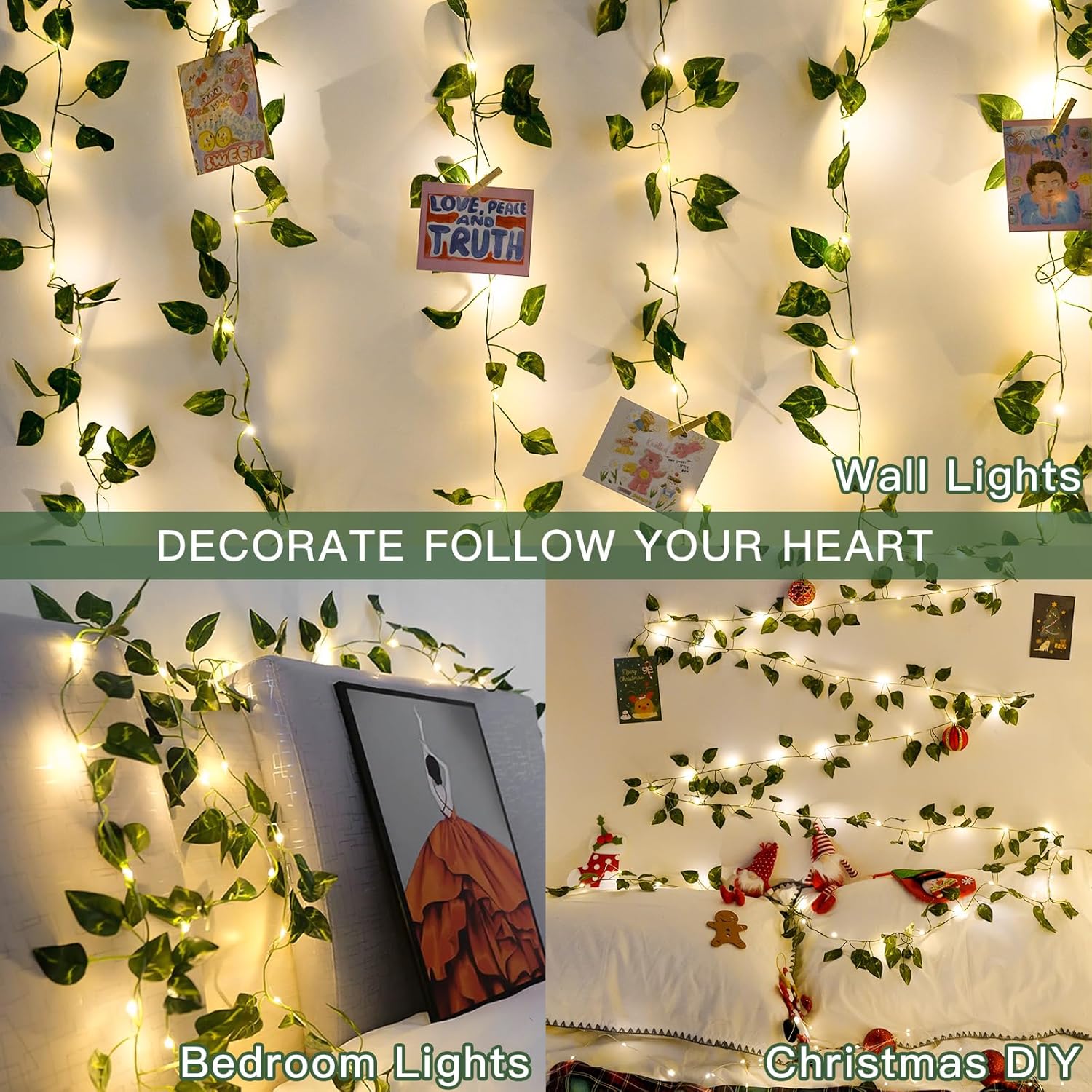 suddus Vine with Fairy Lights Battery Operated, 33ft100 LED Pothos String Lights with Remote, Leaf