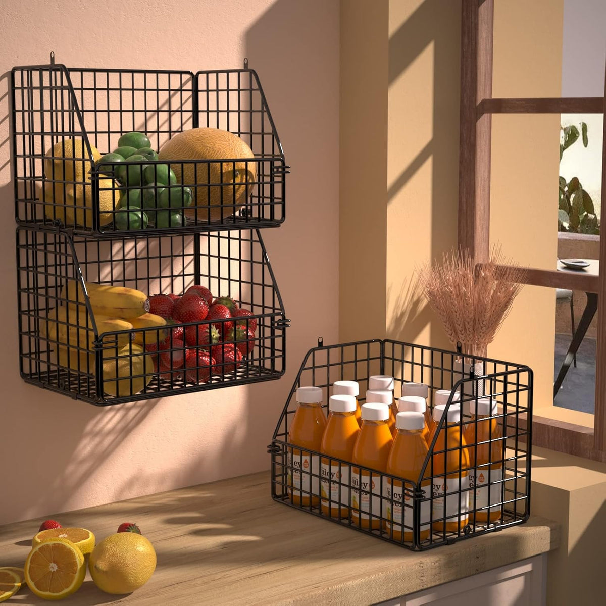 Stackable Wire Storage Baskets for Kitchen Closet Pantry, Hanging Closet Organizers Storage Shelves