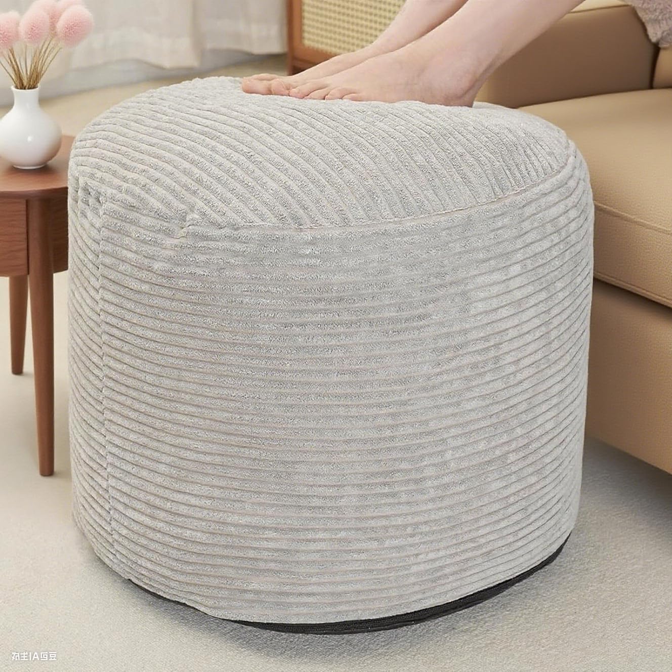 Round Stuffed Pouf Ottoman, Foot Stools Ottoman,Corduroy Poufs with Foam Chunk Filling, Furry and