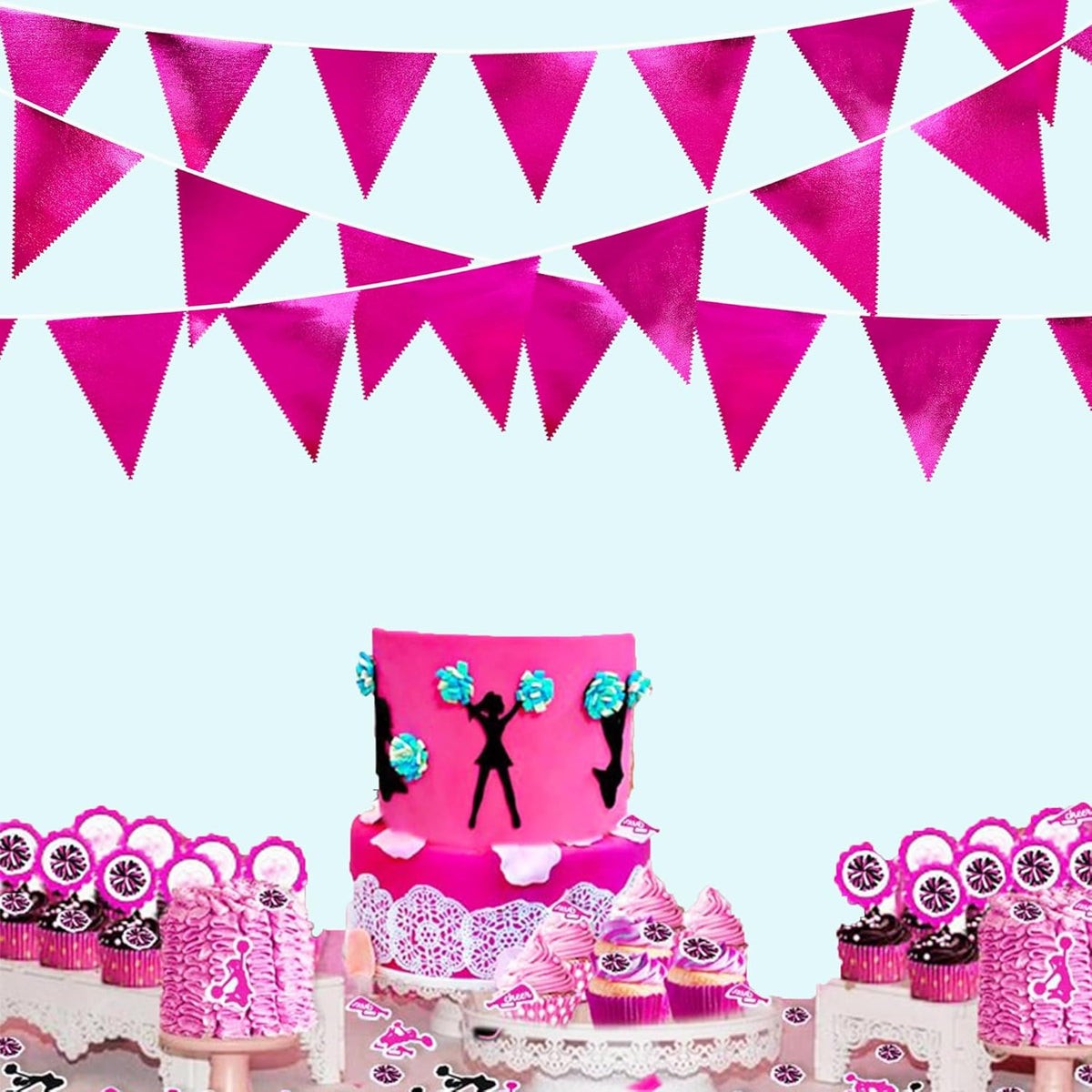 Hot Pink Party Decorations Triangle Pennant Banner Flag Rose Pink Metallic Fabric Bunting Garland