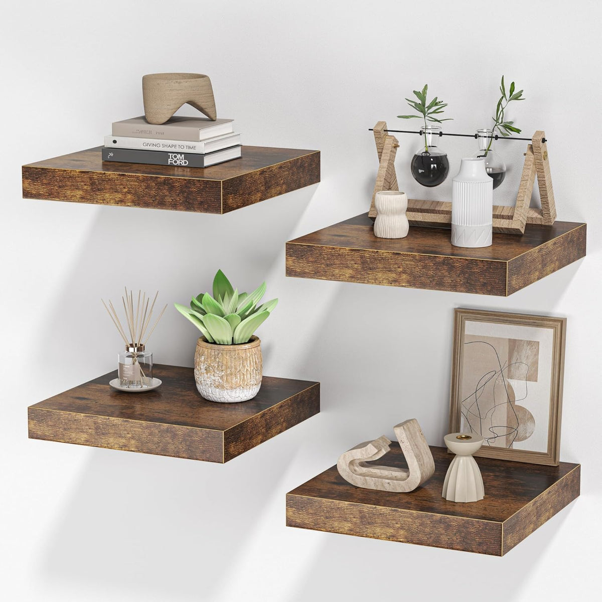 Square Floating Shelves for Wall, 10"W x 10"D x 1.2"H, Small Wooden Wall Mounted Display Shelf with