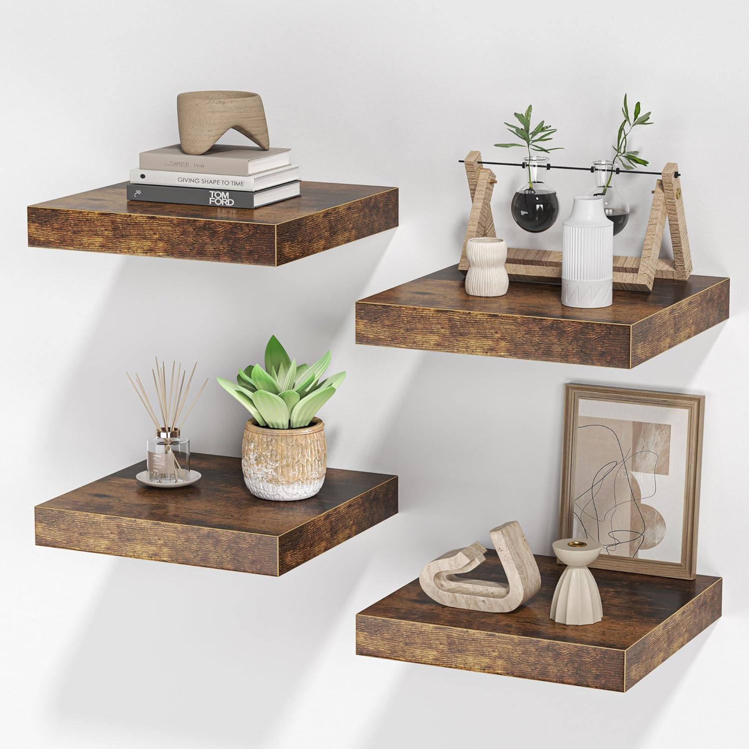 Square Floating Shelves for Wall, 10"W x 10"D x 1.2"H, Small Wooden Wall Mounted Display Shelf with