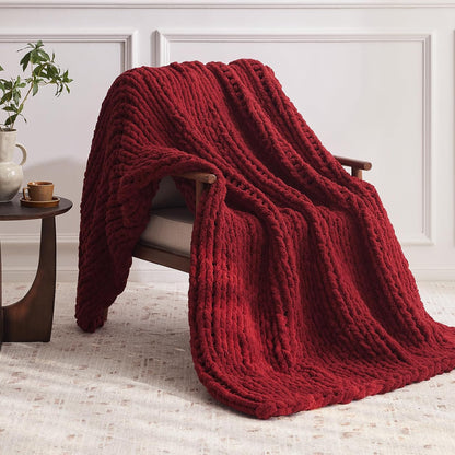 Chunky Knit Throw Blanket, 30''*40'' Knitted Throw Chenille Yarn for Bed Couch, Handmade Red