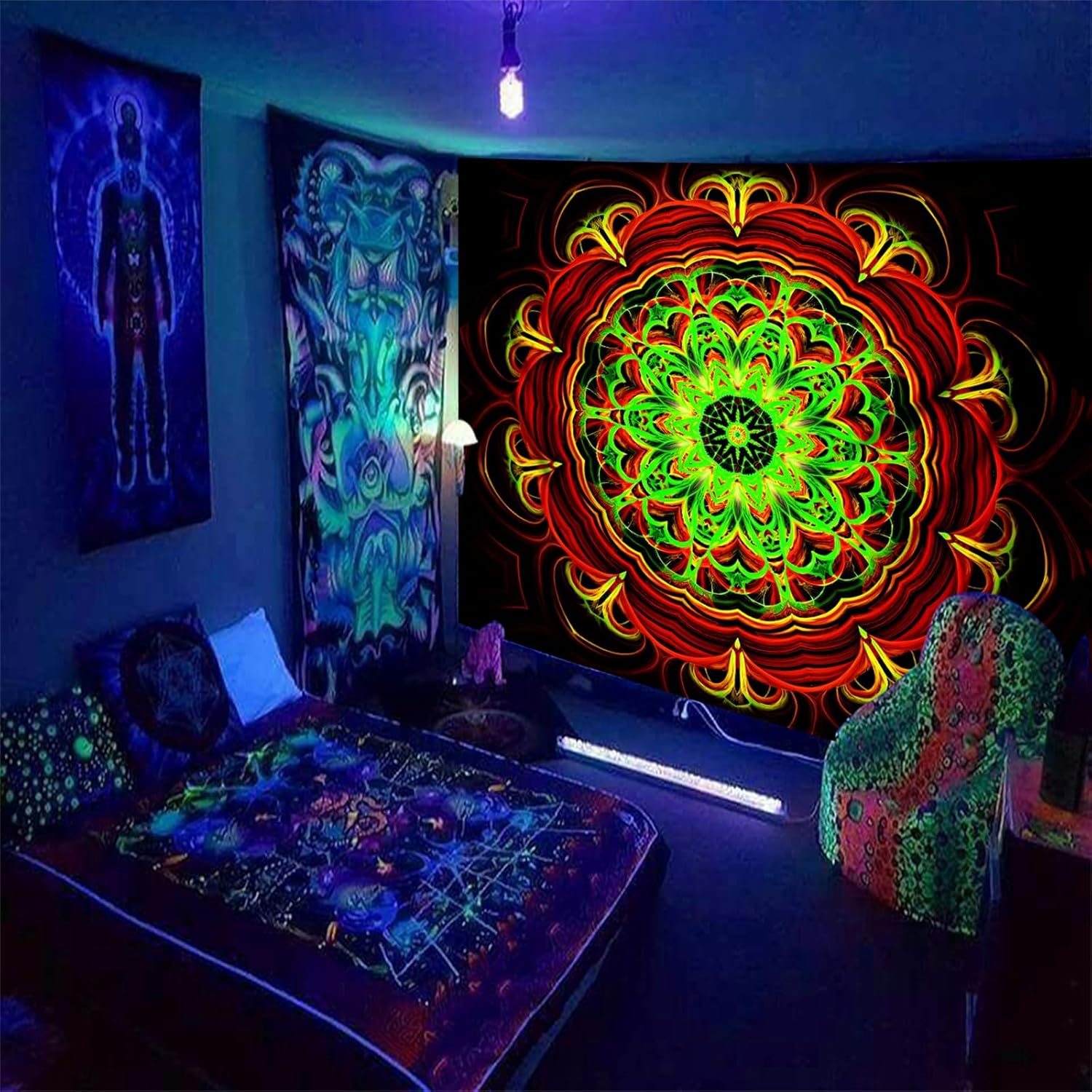 Blacklight Mandala Tapestry Wall Hanging, Psychedelic Black Light Posters for Adults and Teens, UV