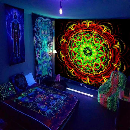 Blacklight Mandala Tapestry Wall Hanging, Psychedelic Black Light Posters for Adults and Teens, UV