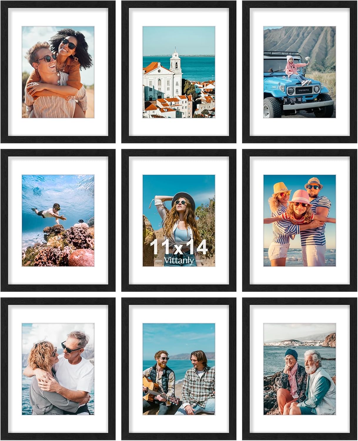 Vittanly 11x14 Picture Frames Set of 9, Shatter Resistant Plexiglass, Display 8x10 Pictures with