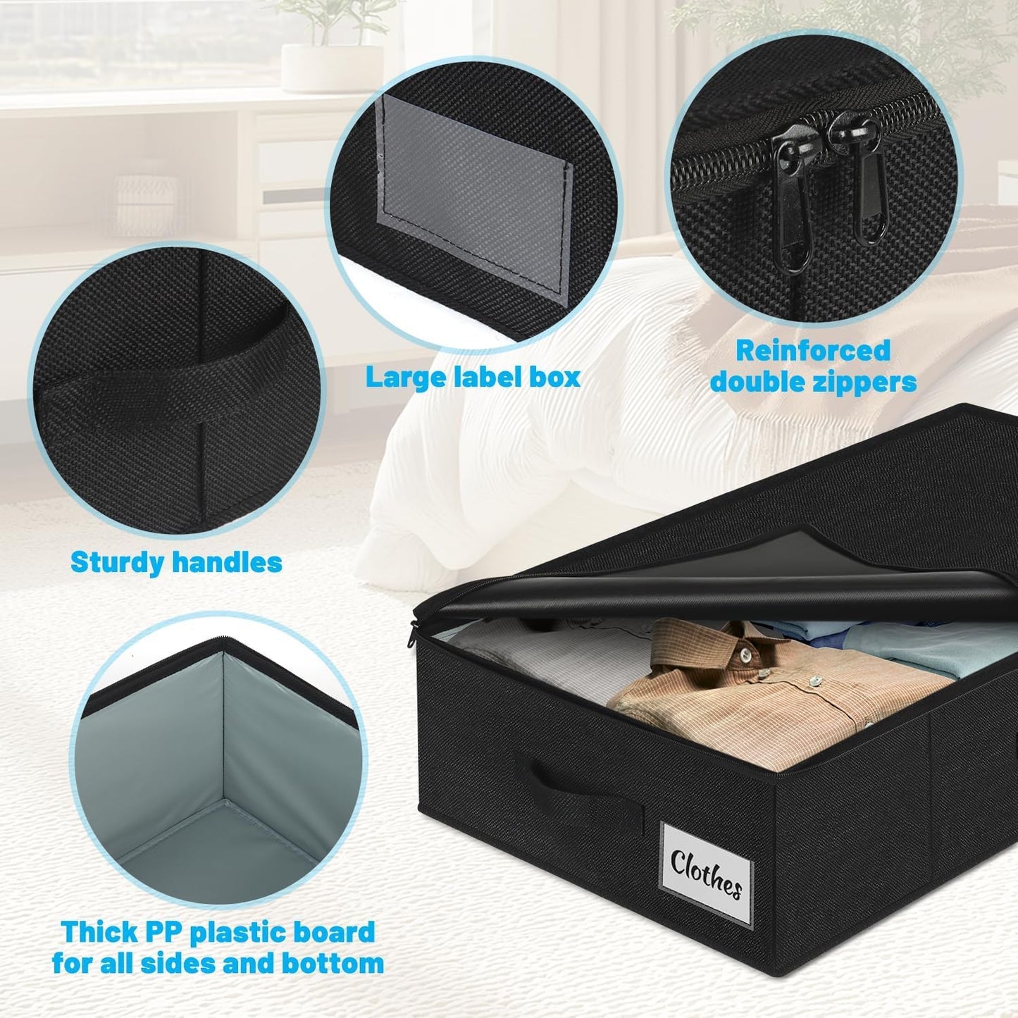 Under Bed Storage Container Bin 3 Pack, Low Profile Foldable Underbed Clothes Storage Organizer W/