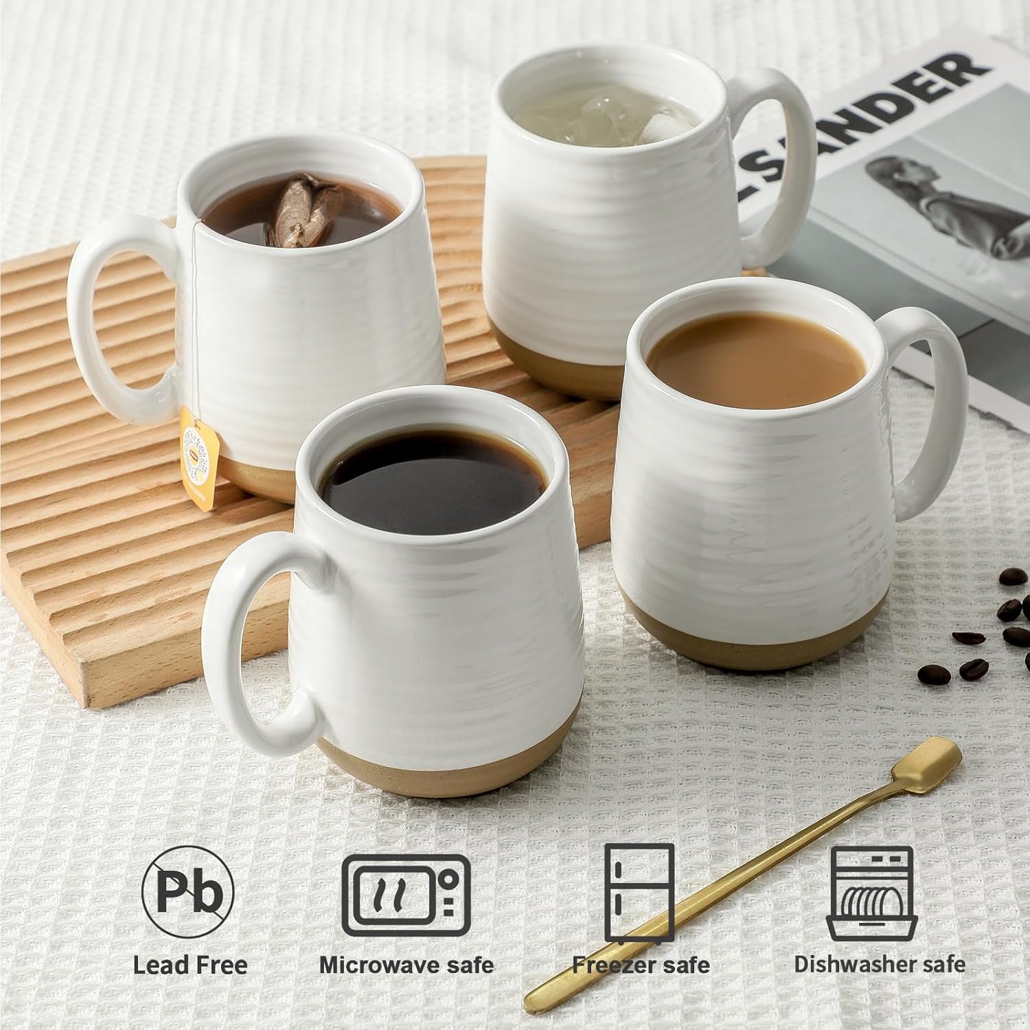 Hasense Coffee Mugs Set of 4, 15 oz Ceramic Coffee Cups with Comfortable Handle, Large Tea Cups for