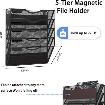 5-Tier Magnetic File Holder, No Drilling Installation File Cabinet Organizer, Black Magnetic File