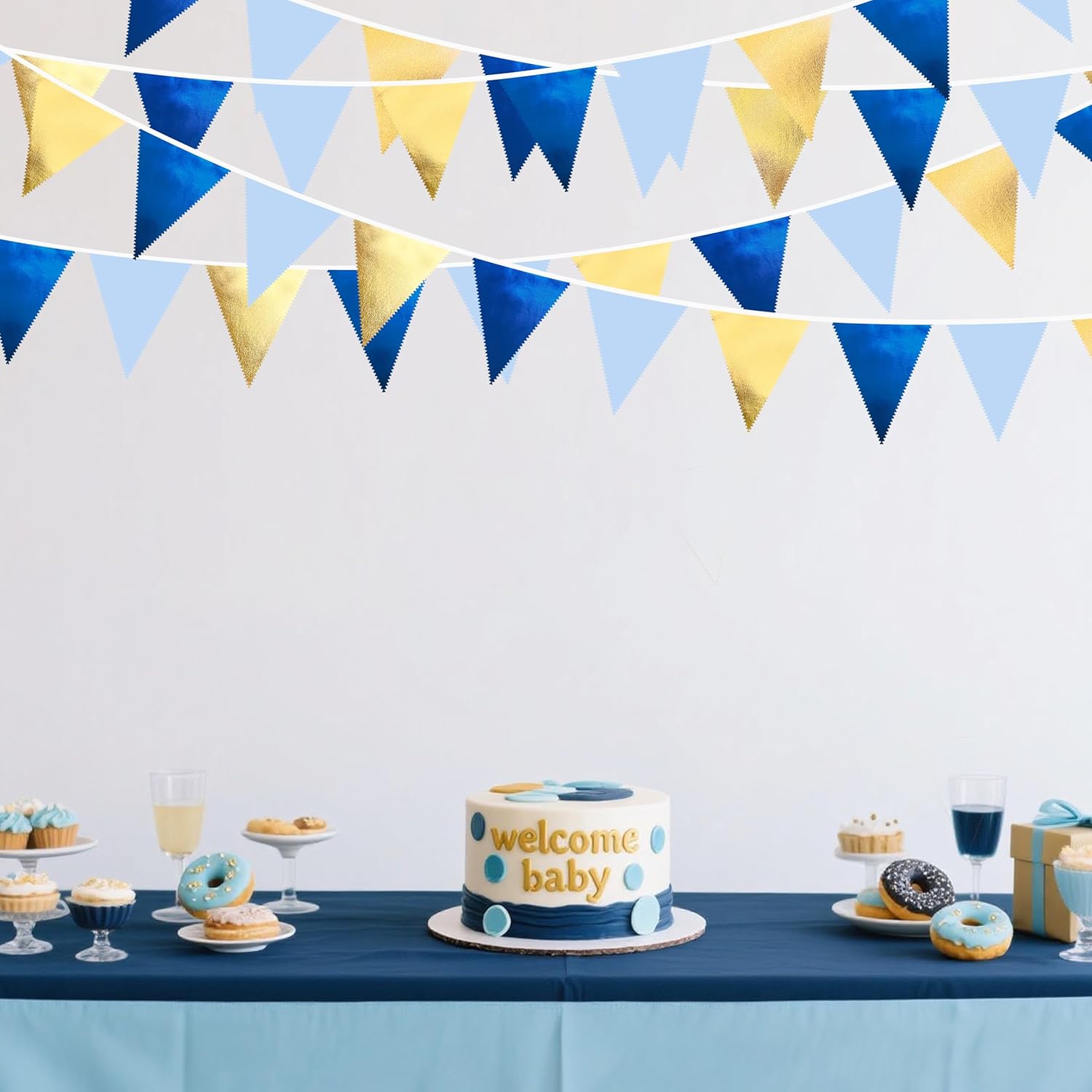 Gold Blue Party Decoration Gradient Blue and Gold Triangle Pennant Banner Flag Metallic Fabric