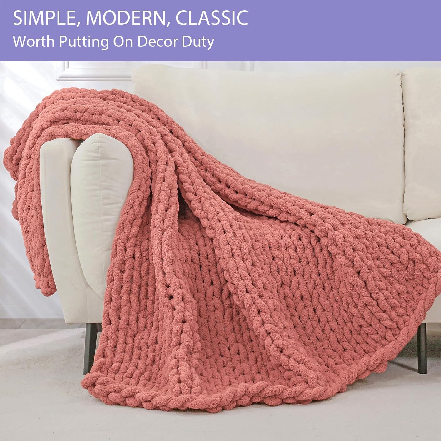 Bigacogo Chunky Knit Throw Blanket for Couch, 40x40 inches, 100% Hand Knitted with Thick Jumbo