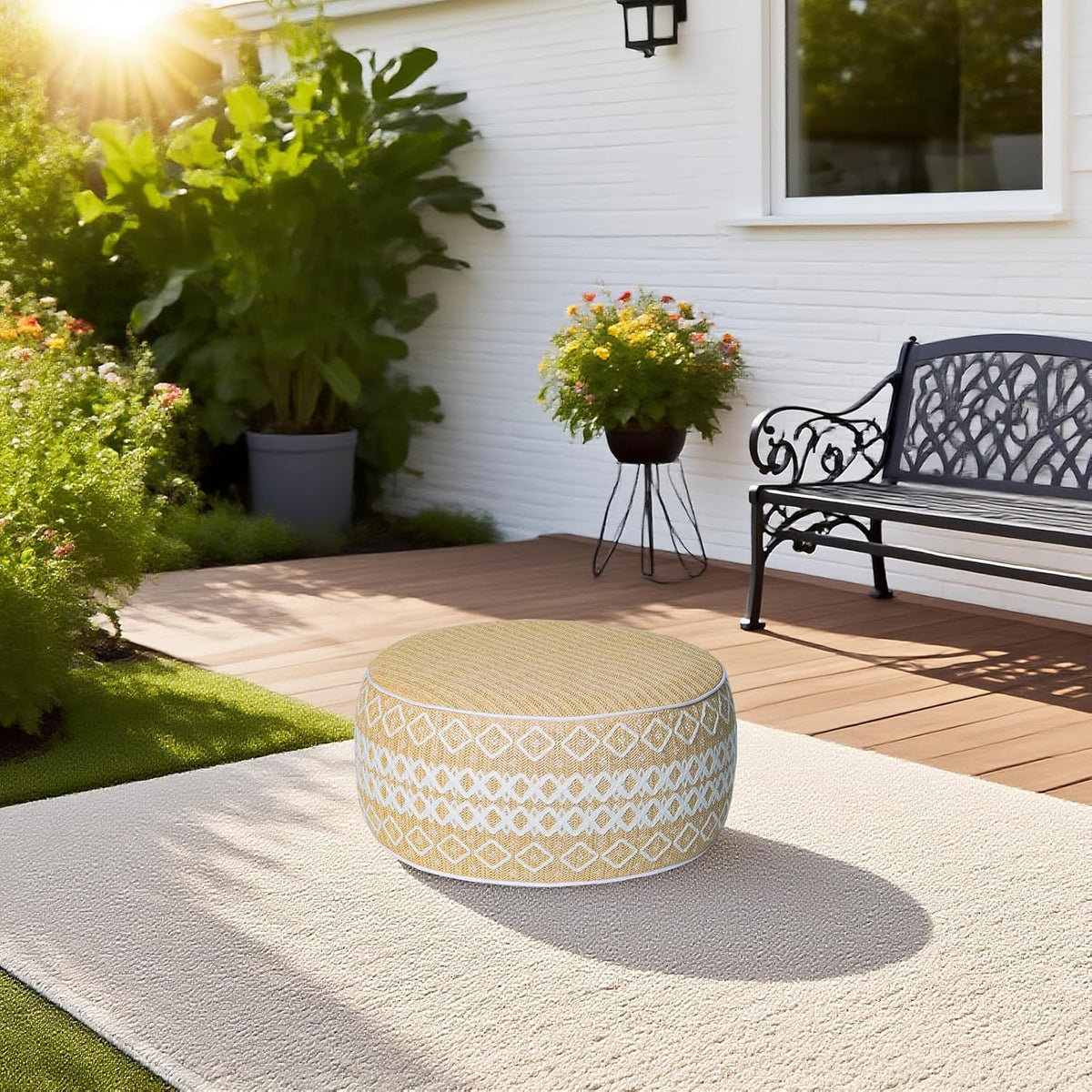 Outdoor Inflatable Ottoman with Air Pump, Embroidery Patio Footrest Stool D21”x H9”, Round Pouf