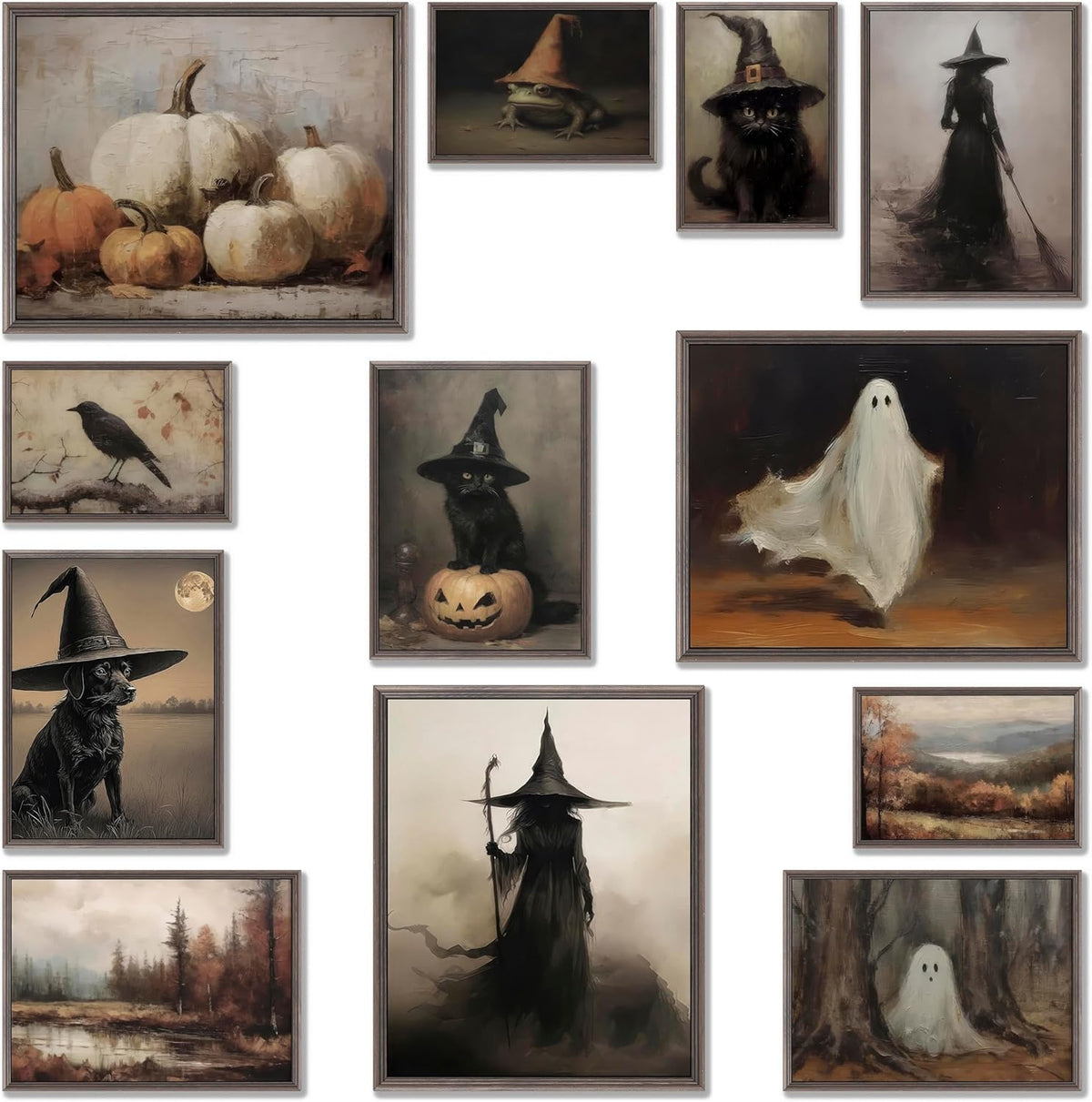 LANCHI95 12 Pcs Halloween Wall Art Prints, Vintage Witch Posters, Cute Ghost Pictures for Bedroom