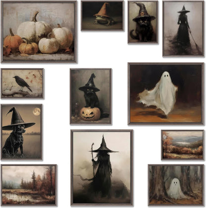 LANCHI95 12 Pcs Halloween Wall Art Prints, Vintage Witch Posters, Cute Ghost Pictures for Bedroom