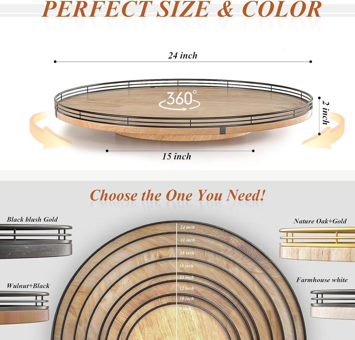 24" Lazy Susan Oak Wood Turntable Organizer for Cabinet, Farmhouse Round Wooden Large Lazy Susan