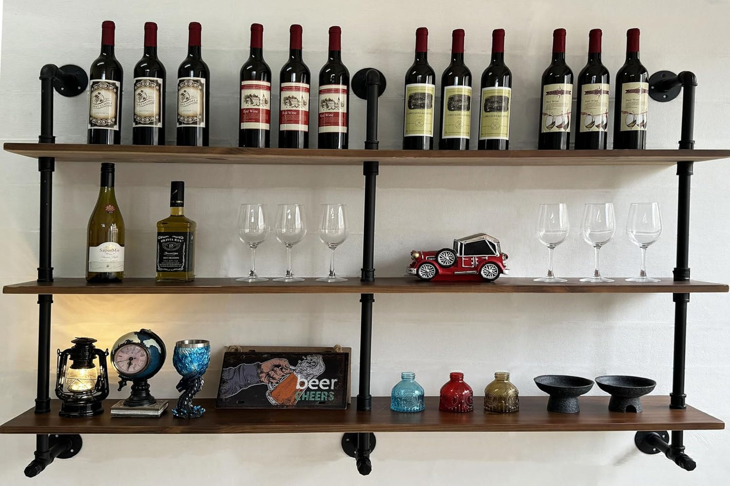 ROGMARS Industrial Pipe Wall Shelves Pipe Shelving,Natural Wood 60 Inches Long Walnut Floating