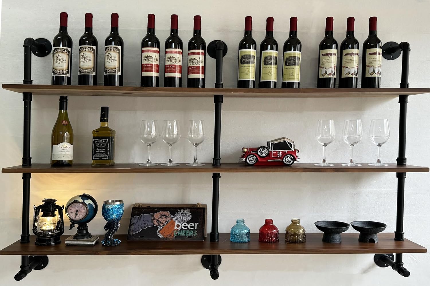 ROGMARS Industrial Pipe Wall Shelves Pipe Shelving,Natural Wood 60 Inches Long Walnut Floating