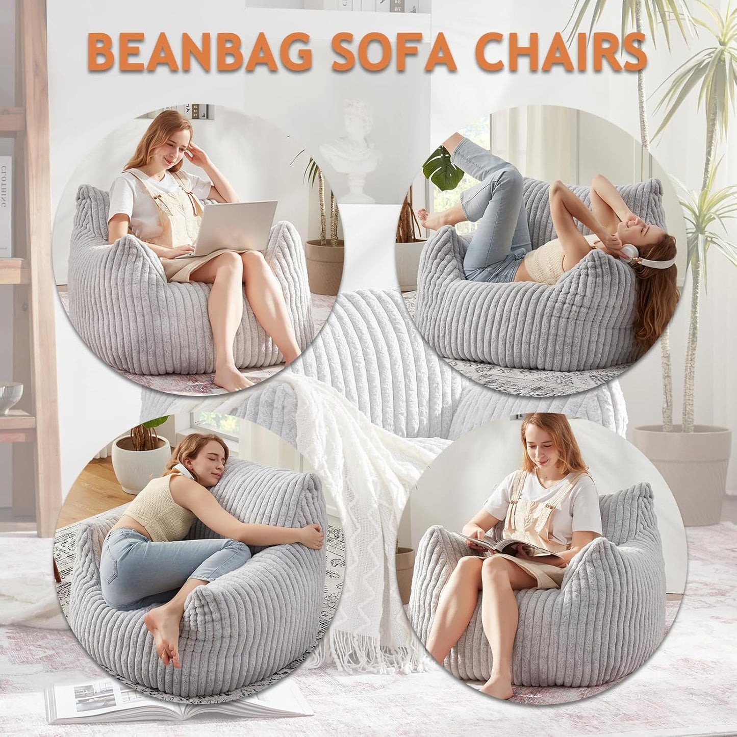 Giant Bean Bag Chairs for Adults with Filling Plush Fluffy Bean Bag Chairs for Teens with Armrests