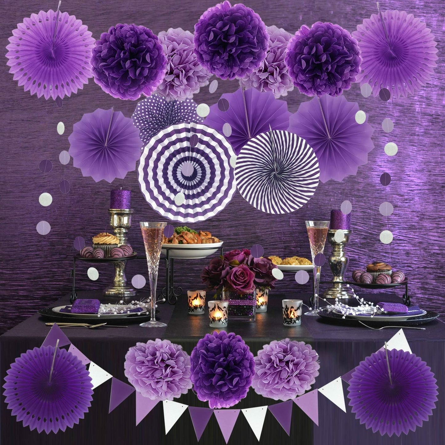 ZERODECO Party Decoration, 21 Pcs Purple and Lavender Hanging Paper Fans, Pom Poms Flowers