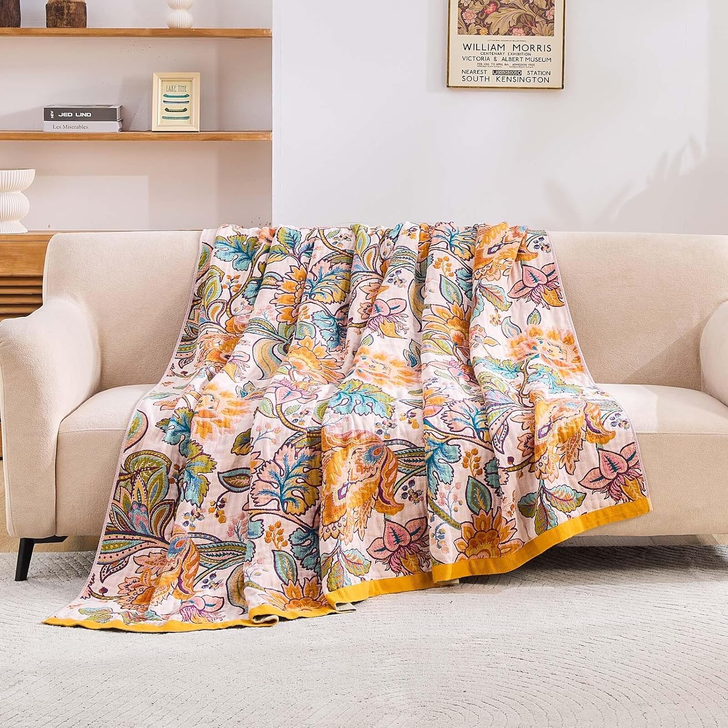 Boho Throw Blanket for Bed, 100% Cotton Soft Rustic Quilt Fall Blanket, 80"x90" Floral Printed