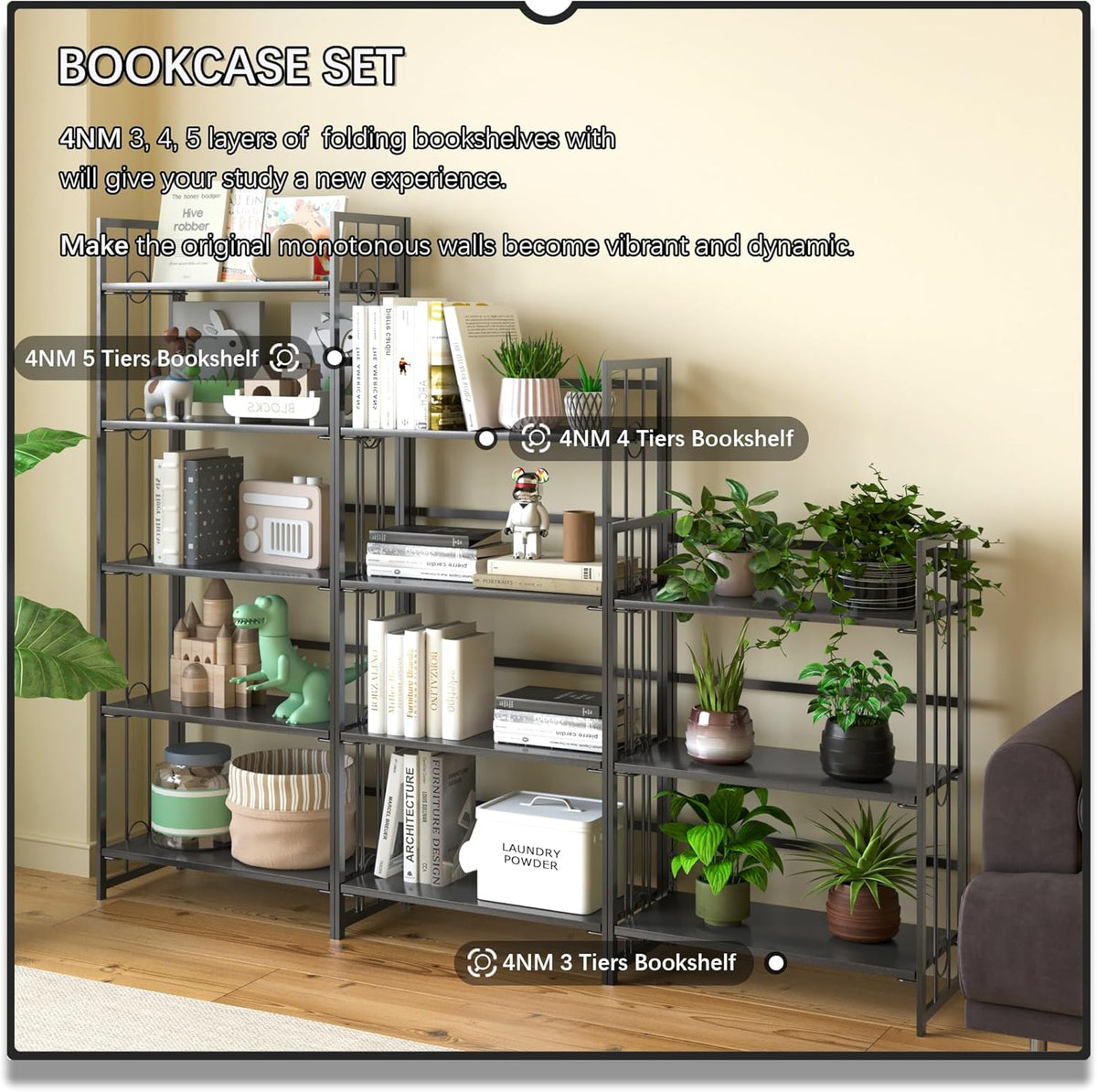 4NM No Assembly 4 Tiers Folding Bookshelf, 47.2" H Foldable Storage Shelves Vintage Bookcase
