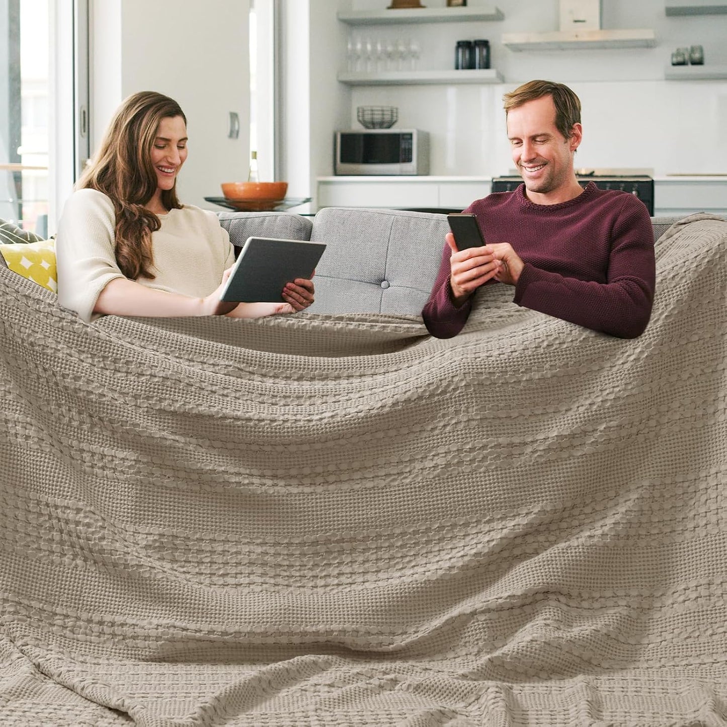 PHF 100% Cotton Waffle Blanket Oversized King 120"x120", Lightweight Breathable Extra Large 10'x10'