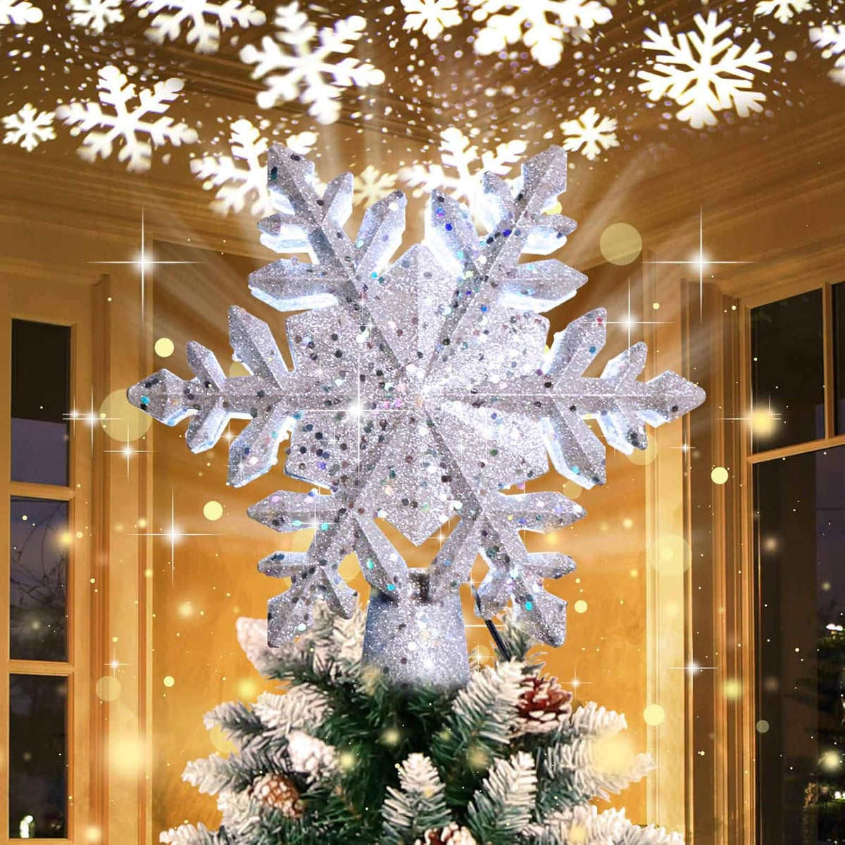 OurWarm Christmas Tree Topper Lighted with LED Rotating Silver Snowflake Decorations Projector