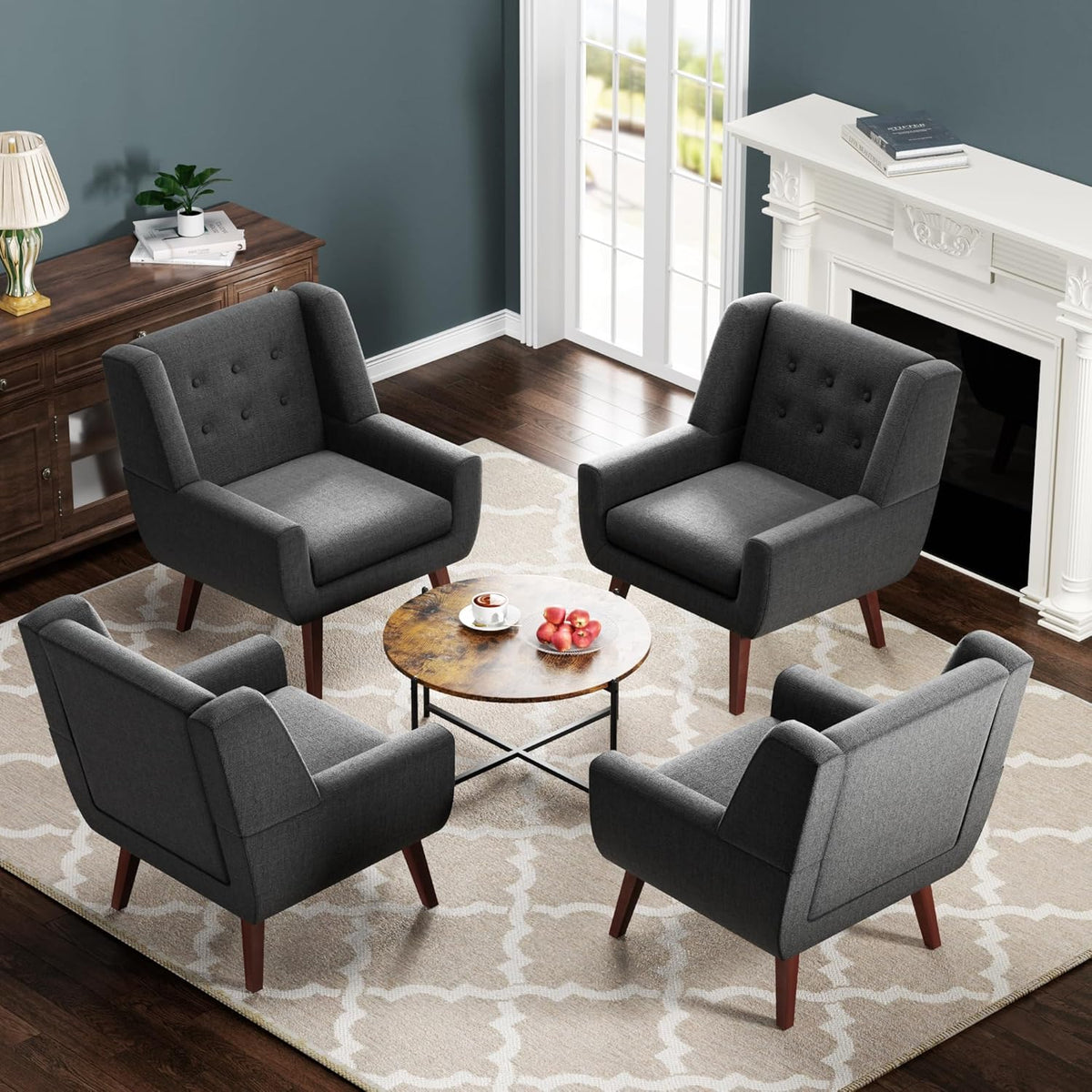 HUIMO Accent Chairs Set of 4, Upholstered Button Tufted Armchair, Linen Fabric Sofa Chairs for