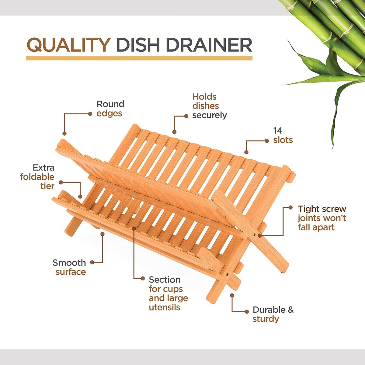 BAMBUSI Dish Drying Rack - Collapsible 2-Tier Bamboo Dish Rack for Kitchen Counter, Wooden Dish