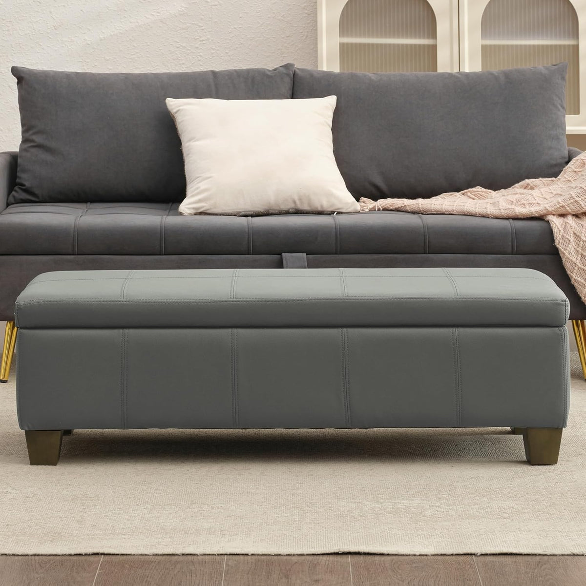 51 Inch Faux Leather Ottoman with Storage, End of Bed Bench with Large Storage, Rectangular Extra