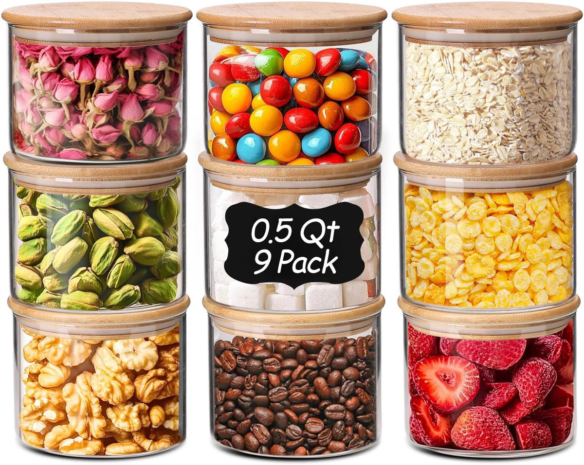 ComSaf 0.5 Qt Glass Food Storage Jars Set of 9, Clear Glass Storage Containers with Lids, Pantry