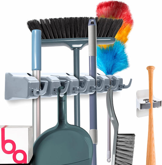 Combo 5 Slot Broom Holder w/ 1 Self Adhesive Mop Gripper No-Drilling, Wall Mount Tool Organizers
