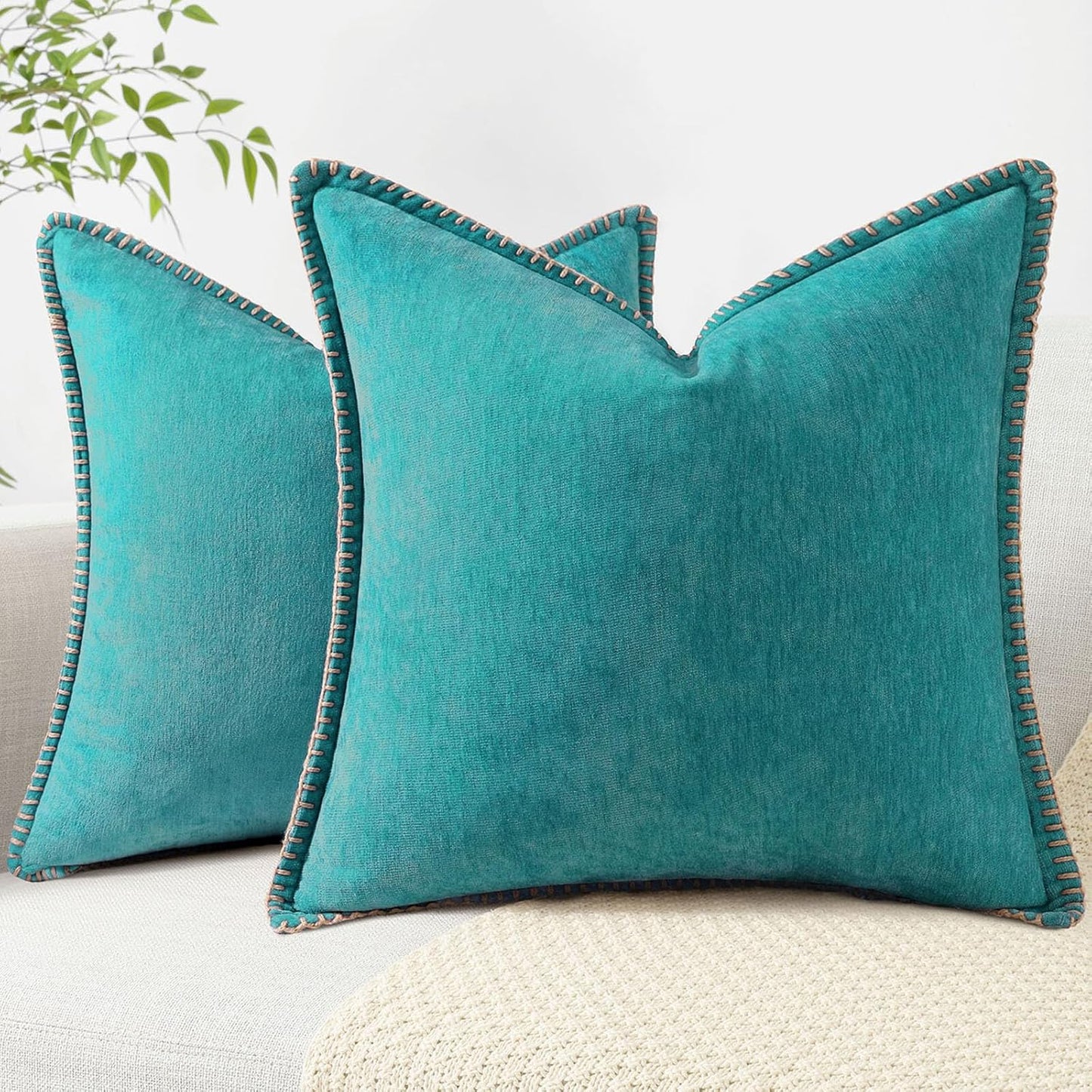decorUhome Chenille Soft Throw Pillow Covers 22x22 Set of 2, Farmhouse Velvet Neutral Decorative