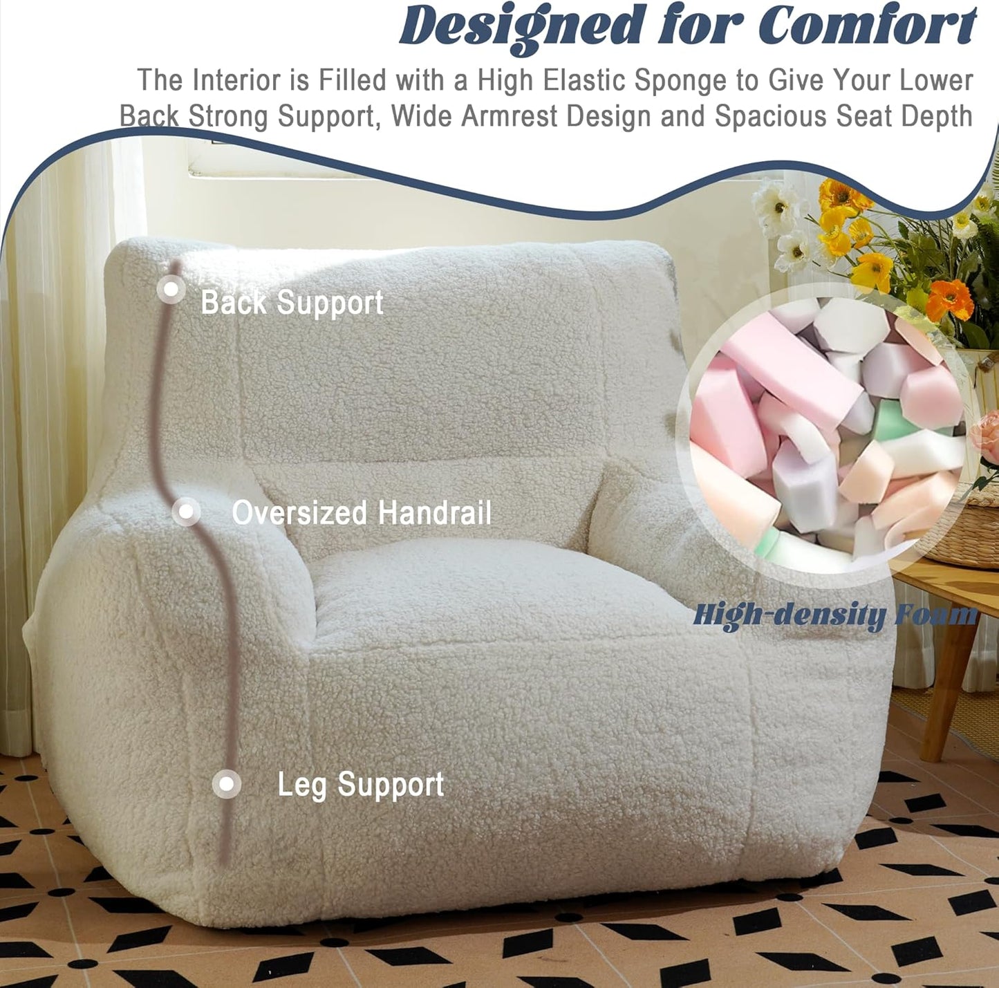 Giant Bean Bag Chair, Lambswool Bean Bag Chair for Adults, Eco-Friendly Filling Soft Bean Bag