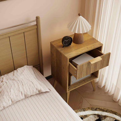 Fluted Night Stand with Opening Storage,Mid Century Bedside Table with Drawer,Wood Nightstand with