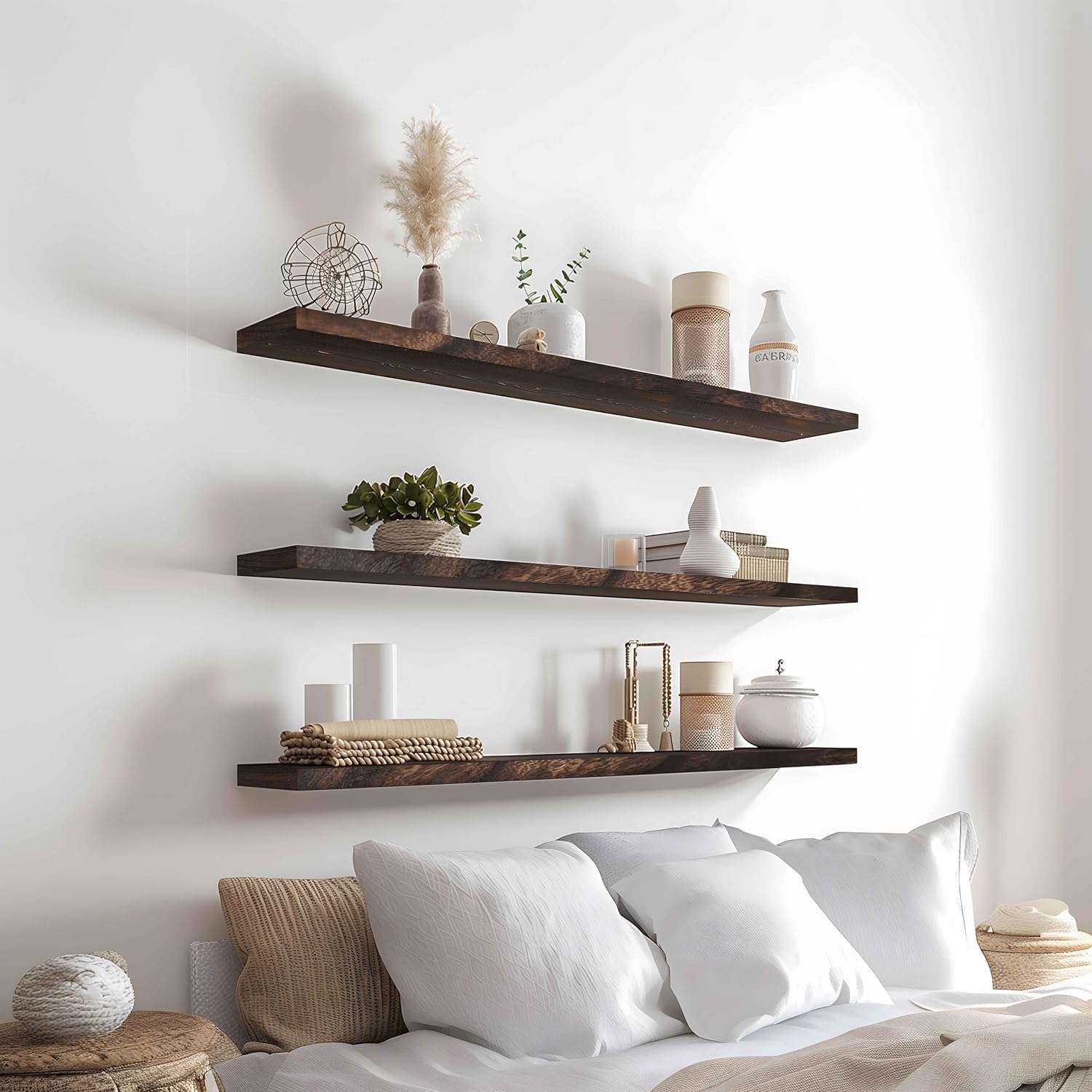 Wood Floating Shelves for Wall Decor, Rustic Wall Shelves for Bedroom Bathroom Kitchen Living Room