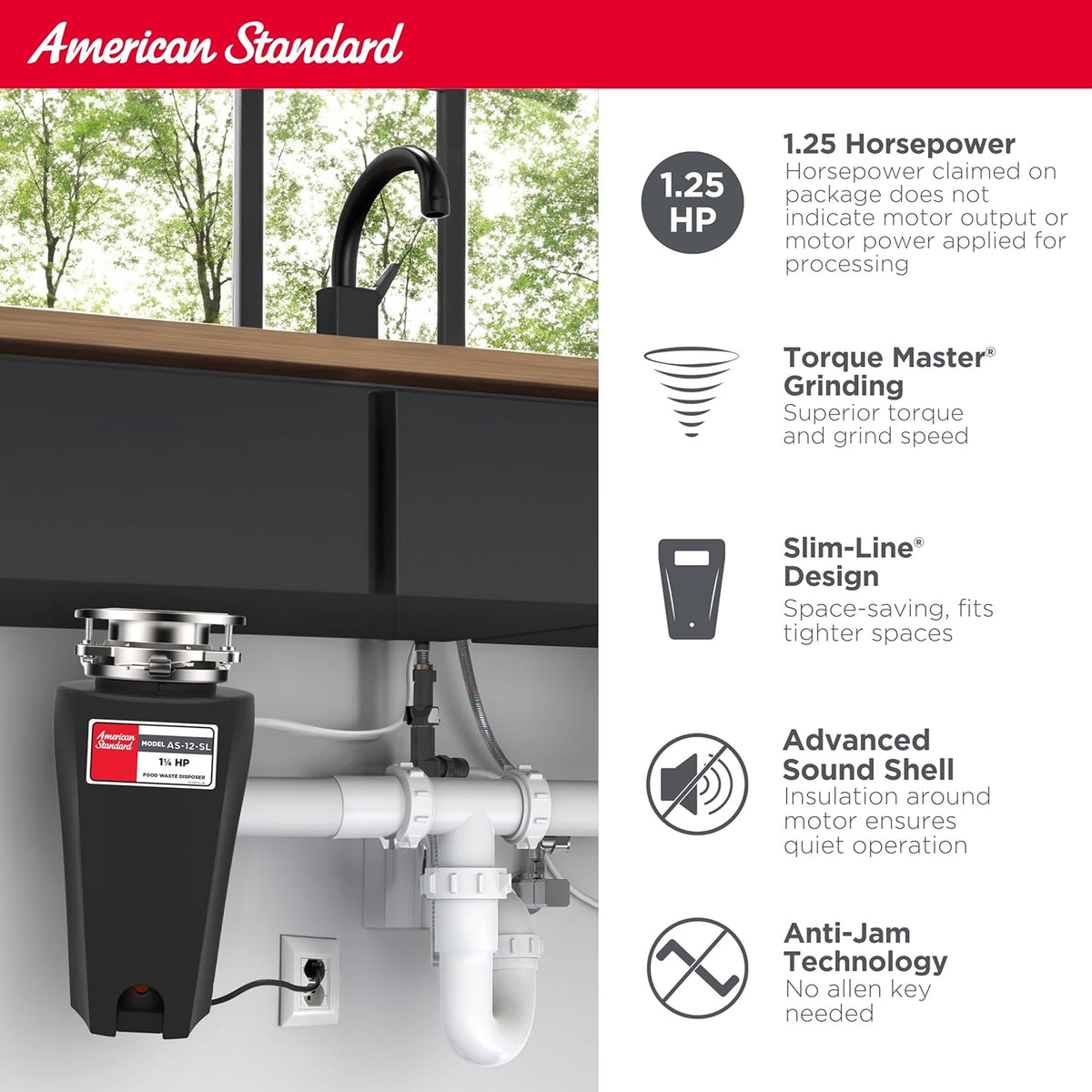 American Standard 10-US-AS-12-SL Garbage Disposal Anti-Jam Stainless Steel Food Waste Grinding