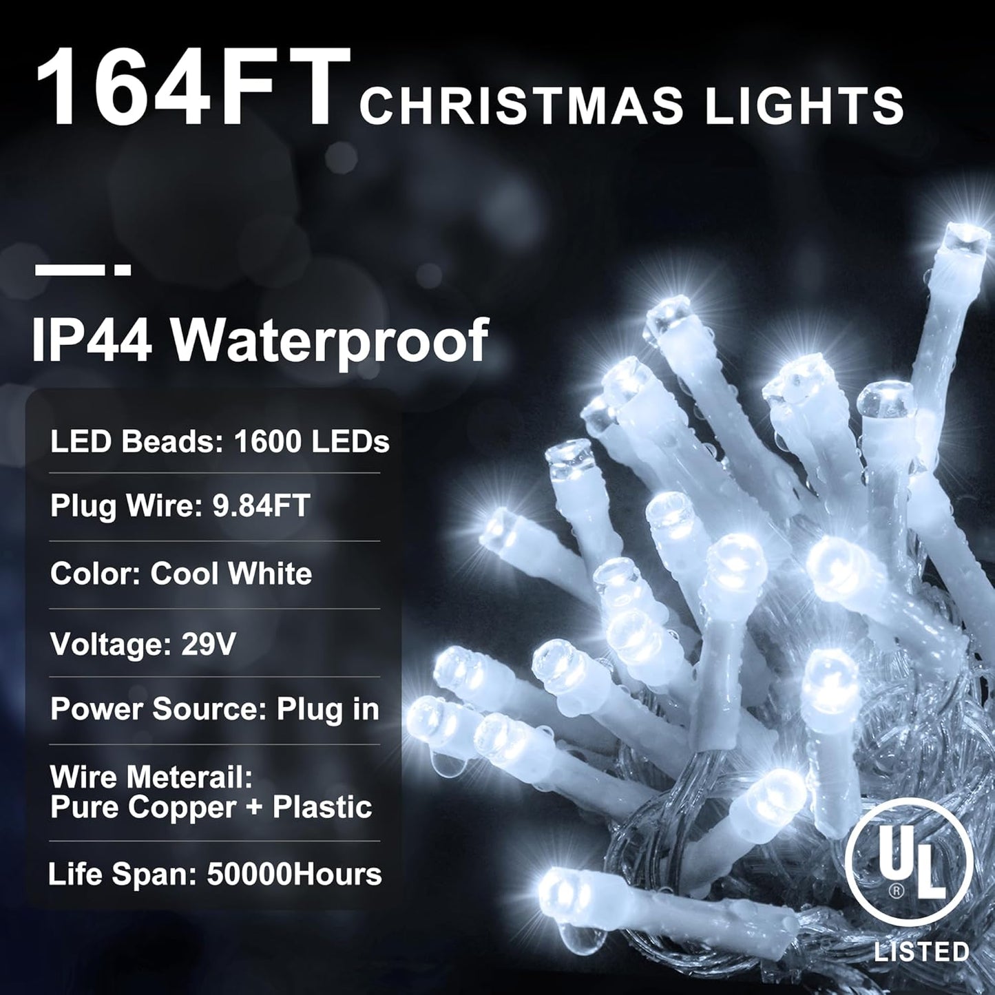 KNONEW 164FT 1600 LED Christmas Lights Outdoor Decoration White Timer 8Modes Hanging Fairy String