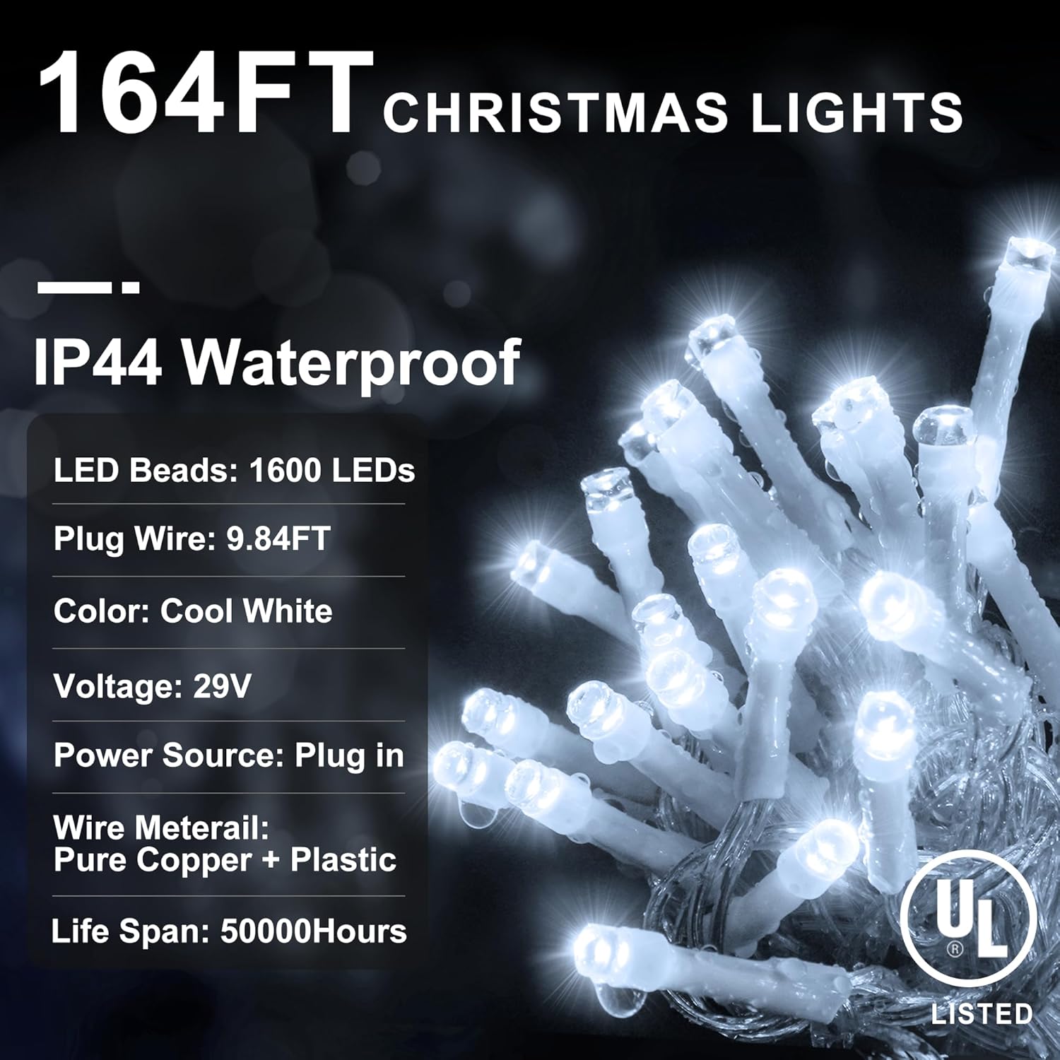 KNONEW 164FT 1600 LED Christmas Lights Outdoor Decoration White Timer 8Modes Hanging Fairy String
