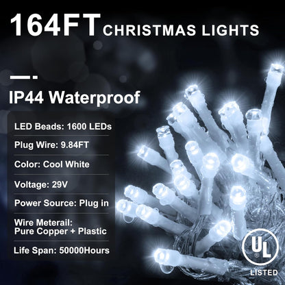 KNONEW 164FT 1600 LED Christmas Lights Outdoor Decoration White Timer 8Modes Hanging Fairy String
