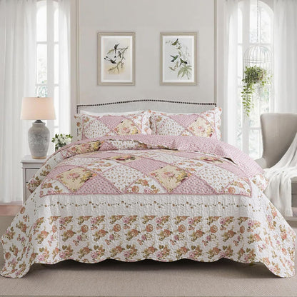 NEWLAKE Quilt Set King Size, Bedspread Sets Pink Botanical Floral, Reversible Quilt Bedding Set