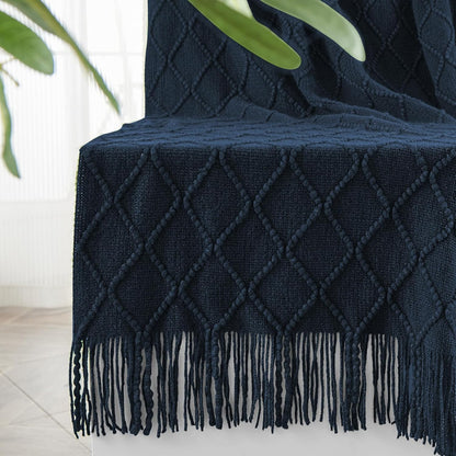inhand Knitted Throw Blankets for Couch and Bed, Soft Cozy Knit Blanket with Tassel, Dark Blue