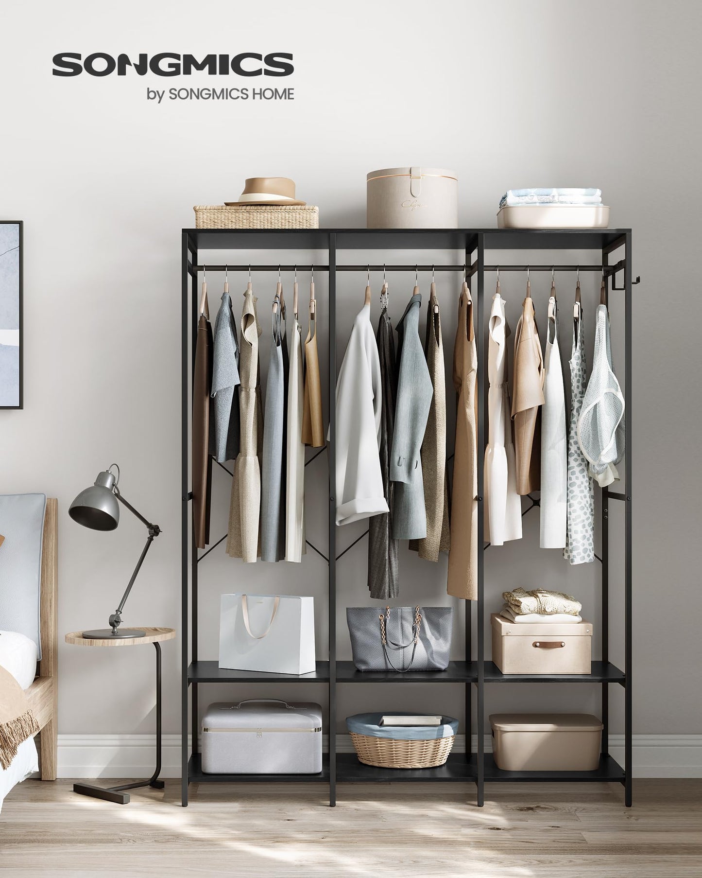 SONGMICS Clothes Rack, Iron and Wood Wardrobe Closet Organizer